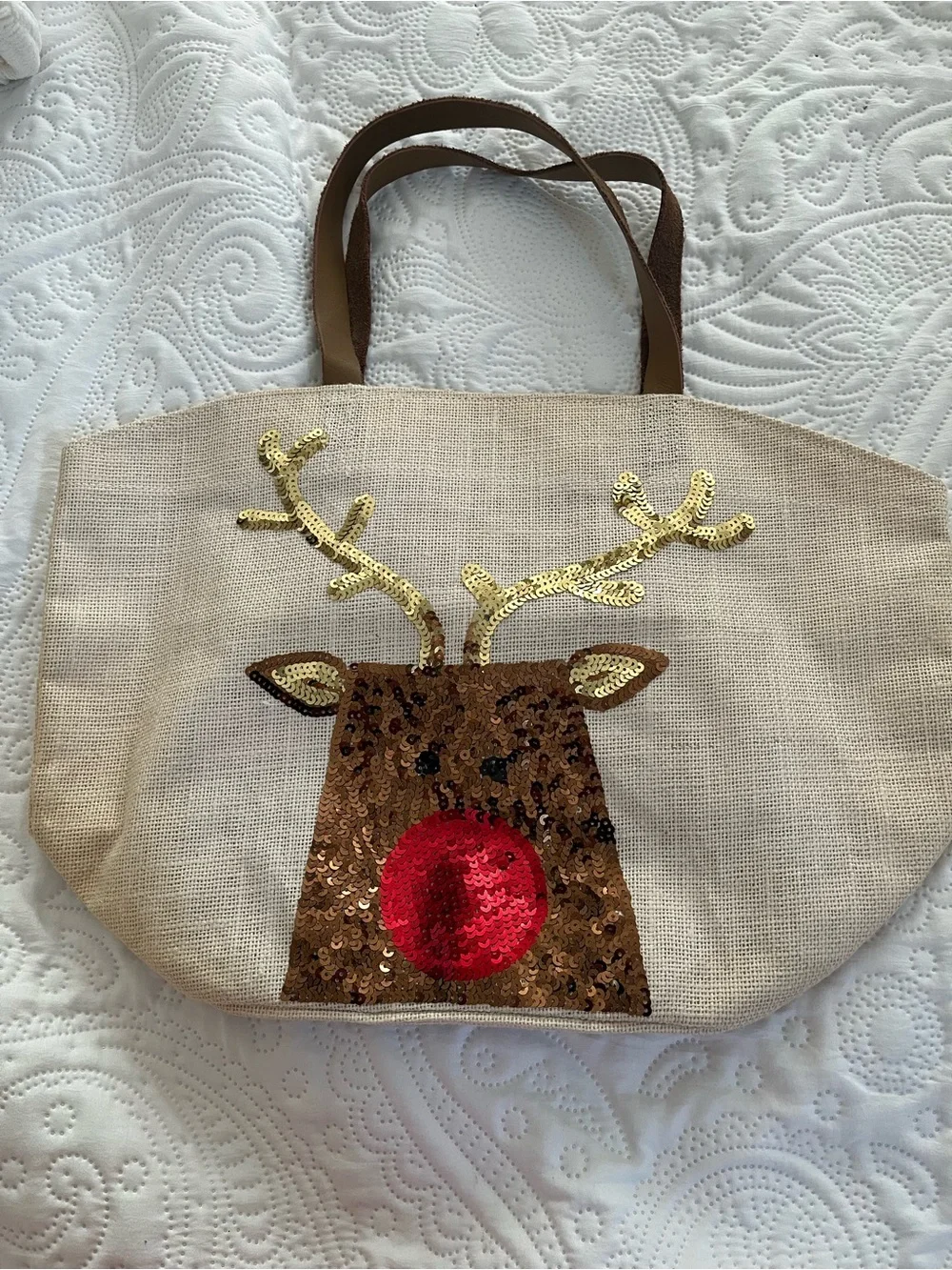 Mud Pie Beige Sequin Reindeer Tote with Brown Leather Handles